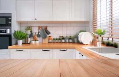 Kitchen,Table,Background,,Wood,Counter,Top,On,Blur,Of,White